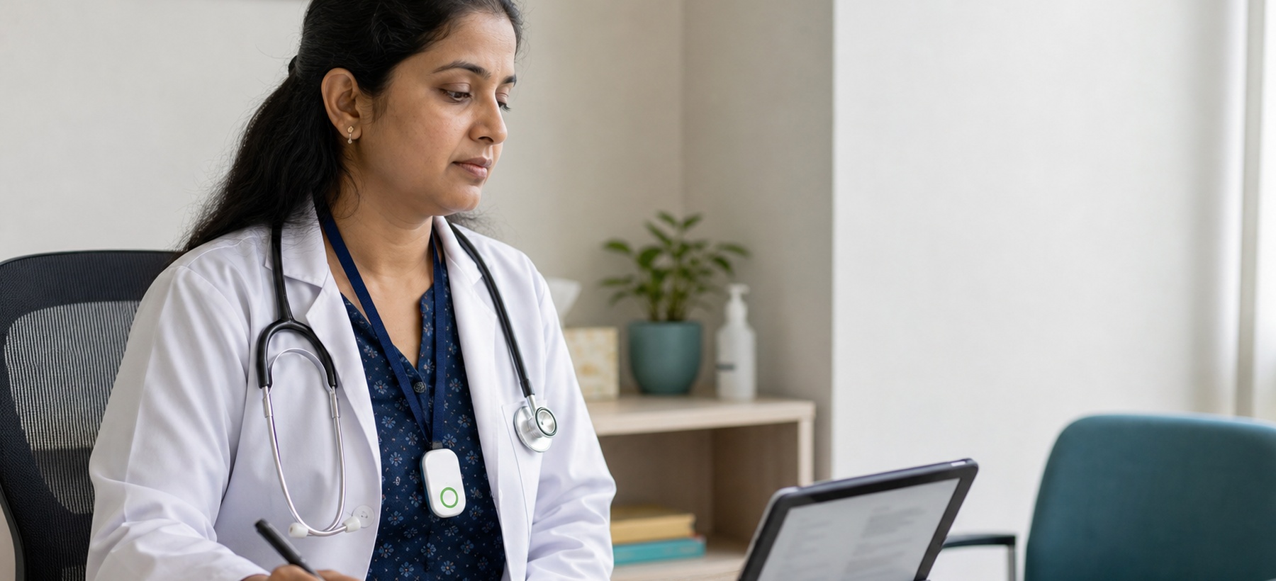 Illustrative clinician wearing a small pendant while reviewing a tablet